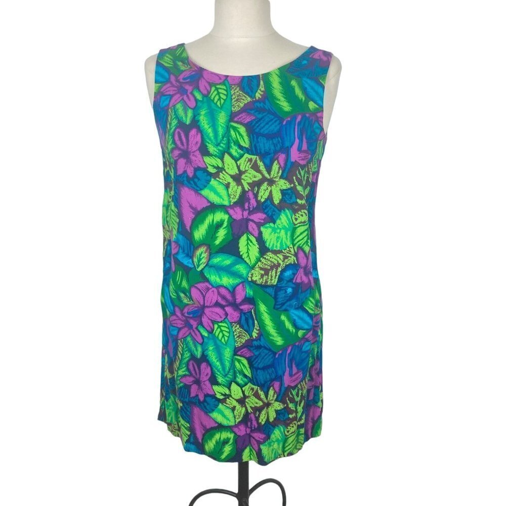 Vintage Tarazzia Hawaiian Dress Medium Green Purple Floral Sheath Tropical